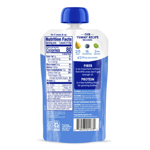 Happy Tot Organics Fiber & Protein Stage 4, Pears Blueberries & Spinach Organic Tot Food, 4 oz Pouch - Image 2