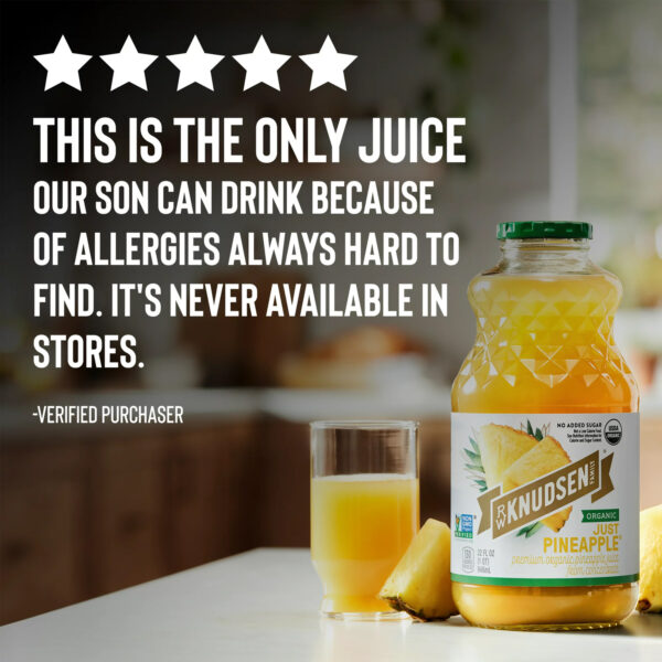 R.W. Knudsen Family Organic Just Pineapple Juice, 100% Juice, 32 oz, Glass Bottle - Image 2
