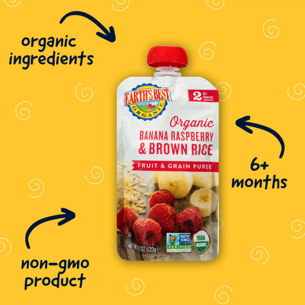 Earth's Best Organic Stage 2 Baby Food, Banana Raspberry & Brown Rice, 4.2 oz Pouch - Image 2