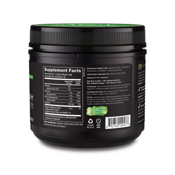 Nutiva Organic Mct Oil Powder With Prebiotic Acacia Fiber, Classic, 10.6 Ounce _ Usda Organic, Non-Gmo, Non-Bpa _ Vegan, Gluten-Free, Keto & Paleo _ Instant Beverage Or Boost To Coffee & Smoothies - Image 3