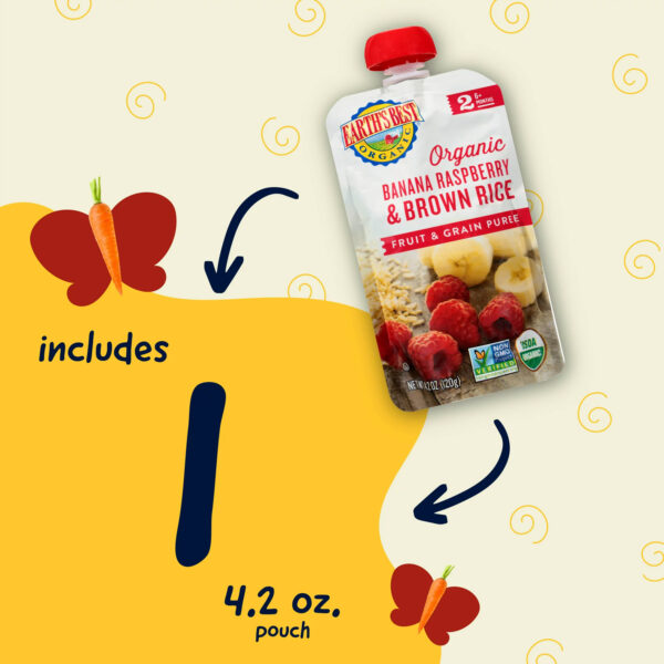 Earth's Best Organic Stage 2 Baby Food, Banana Raspberry & Brown Rice, 4.2 oz Pouch - Image 4